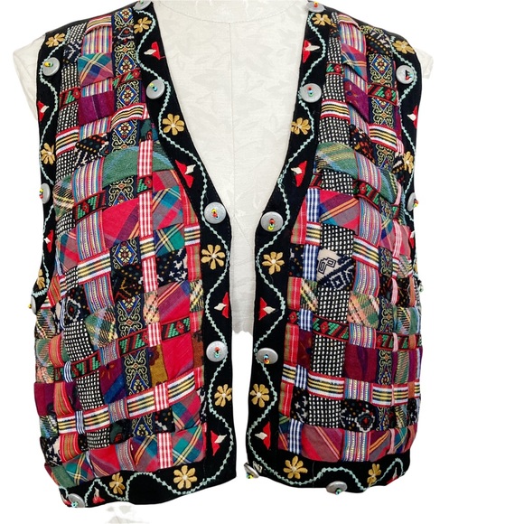 Vintage Jou Jou Embellished Silk Ribbon Plaid Button Ornate Vest - Picture 7 of 9